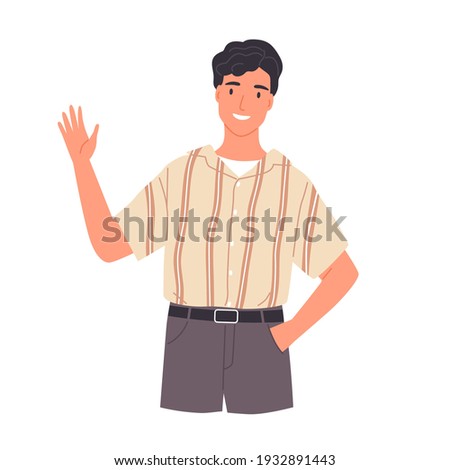 Portrait of smiling young man saying hello and waving with hand. Hi or bye gesture. Happy guy greeting and welcoming smb. Colored flat vector illustration isolated on white background Royalty-Free Stock Photo #1932891443