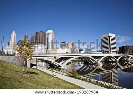 City of Columbus, Ohio with the new Rich Street Bridge in the foreground.