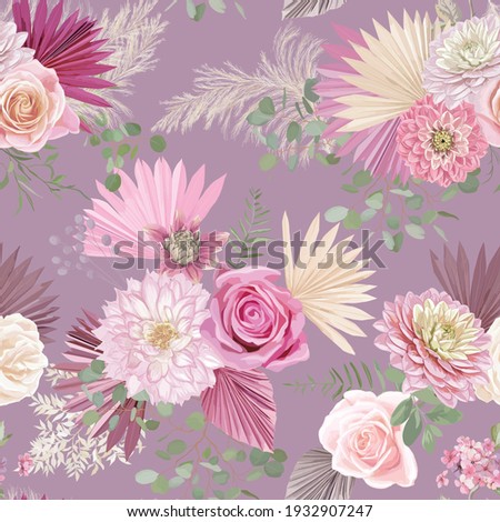 Watercolor dahlia, rose flower, palm leaves, pampas grass vector seamless background. Rustic dried flowers pattern. Tropical boho design for wedding, textile print, wallpaper texture, backdrop
