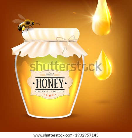 Bee, shiny honey drops and glass of honey with paper label - vector illustration