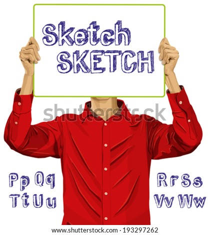 Idea concept. Vector Man with white board and sketch alphabet letters