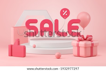 Successful 3d sale vector illustration. Pink three dimensional like with gift box tied with red ribbon near white podium. Taking off balloon and price tag with paper bag discounts rolling balls.