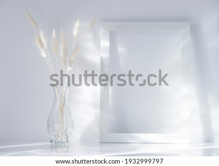 White bunny tail grass and frame on grey background, copy space, dried lagurus grass. Bunny tail grass in a vase