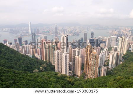 Hong Kong Island and Kowloon, aerial view from Victoria Peak.