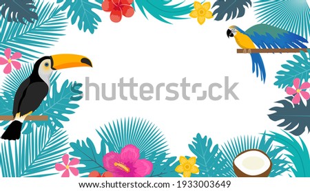Summer Tropical Background with space for text. Toco toucan and Macaw on tropical leaves frame template for your design. Vector illustration