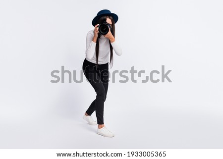 Full body photo of young professional photographer woman take picture you isolated on grey color background