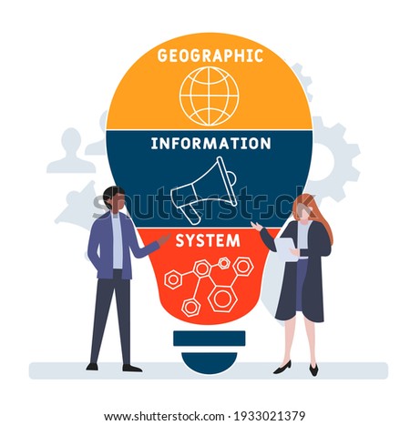 Flat design with people. GIS - Geographic Information System. acronym, business concept background.   Vector illustration for website banner, marketing materials, business presentation, online