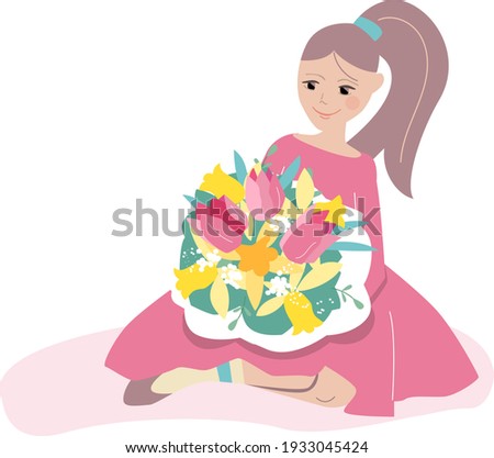 Young girl sitting with big bunch of tulips and daffodils. Spring illustration can be used as festive design template. 