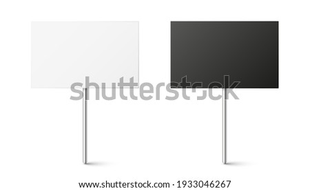 Black and white blank boards with place for text, protest sign. Realistic demonstration or advertising banner. Strike action cardboard placard mockup. Vector illustration. Royalty-Free Stock Photo #1933046267