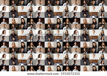 Collage of a lot of happy people.Headshots collection, collage mosaic. Many lot of multicultural different male and female smiling faces looking at camera. Many smiling faces. High quality photo
