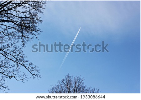 Plane flying in the blue sky. Tree branches on the sides of the picture.