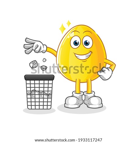 Golden egg Throw garbage in trash can mascot. cartoon vector