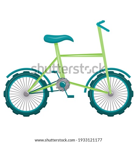 A green cartoon bike is isolated on a white background. Vector illustration, bicycle for children and teenagers with a basket
