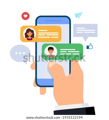 Chatting and messaging. Man and woman chatting on smartphone. hand holding mobile phone with text messages. Flat vector illustration. Royalty-Free Stock Photo #1933122194
