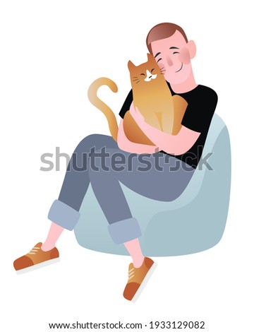 A man sits on a chair with a cat in his arms. Colored vector illustration isolated on white background.