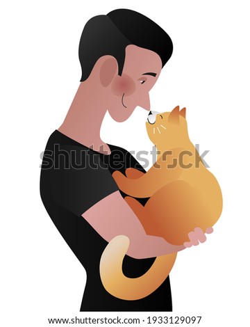 A man with a cat in his arms. Colored vector illustration isolated on white background.