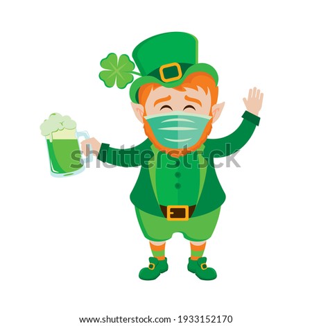 Leprechaun wearing medical mask on face to prevent Covid-19 icon vector. Leprechaun with protective surgical mask holding mug of green beer vector. Cute leprechaun with beer and disposable mask icon