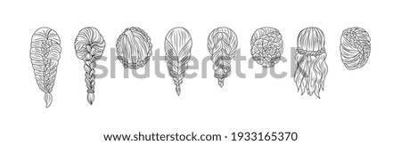 Set of female hairstyles with braids in hand drawn sketch style vector illustration isolated on white background. Wedding hairstyles and event hairdo bundle. Royalty-Free Stock Photo #1933165370
