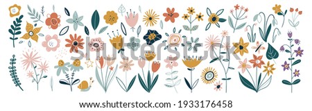 Flower collection with leaves, floral bouquets. Vector flowers. Spring art print with botanical elements. Happy Easter. Folk style. Posters for the spring holiday. icons isolated on white background. Royalty-Free Stock Photo #1933176458