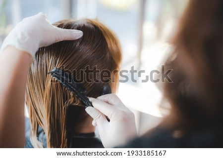 Hairdresser putting mask and coloring on woman's hair in beauty salon, Professional hairdresser dyeing hair of her client, Process of dyeing hair at beauty salon Royalty-Free Stock Photo #1933185167