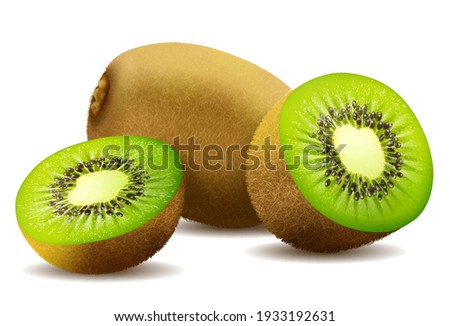 Whole juicy kiwi and half green kiwi, kiwi cut with shadow on white background vector 3d realistic Royalty-Free Stock Photo #1933192631