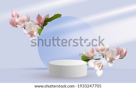 Magnolia branches vernal flower tree blossom and 3d scene rendering with podium. Minimal pink Mother's Day scene platform, stage scene for cosmetic product show. International Women's day card.