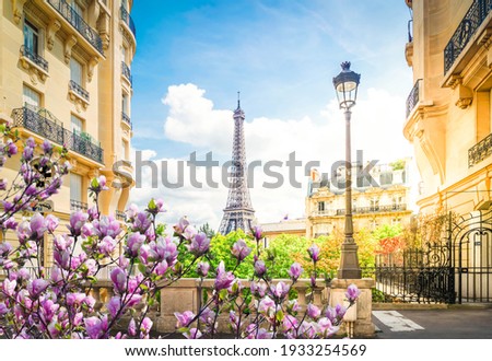 famous Eiffel Tower landmark and Paris city at spring, Paris France with sunshine Royalty-Free Stock Photo #1933254569