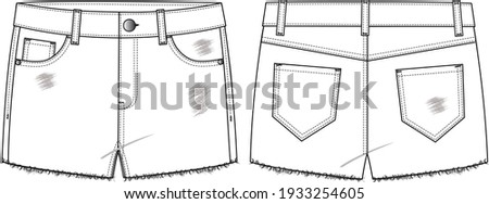 Denim Destroyed Shorts technical fashion illustration with micro length, raw edge, mid rise and 5 pockets. Flat bottom apparel template front, back, white and black colour style. Unisex CAD mockup. Royalty-Free Stock Photo #1933254605