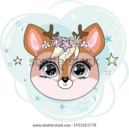 Adorable little deer character head over background with decorative elements.