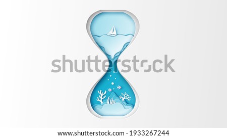 Illustration of sea landscape inside the hourglass. Hourglass design for sea in Summer. Sea inside hourglass. paper cut and craft style. vector, illustration.
