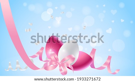 Illustration for the holiday Easter. Background, banner, flyer with Easter eggs and pink ribbon on a blue background. Element for design.