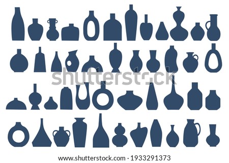 Hand drawn stylized Ceramic Vase set. Silhouettes of monochrome flower vases, earthenware jugs. Boho style. Design Elements for poster, wall art print. Vector illustration isolated on white background Royalty-Free Stock Photo #1933291373