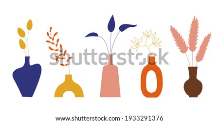 Ceramic Vases and Exotic Tropical leaves, flowers, boho style. Trendy Botanical Plants Potted for Home Interior. Hand drawn doodle illustration. Vector illustration. Set of earthenware jug. Royalty-Free Stock Photo #1933291376