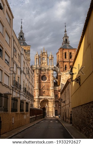 Street view of the Facade of the Saint Maria cathedral in the city of Astorga, Spain