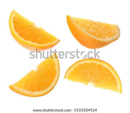 Set with tasty ripe slices of orange on white background Royalty-Free Stock Photo #1933304924