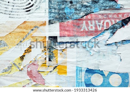 Different creased torn paper posters as background