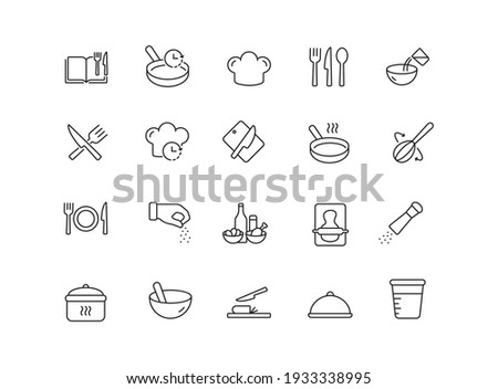 Cooking simple thin line icon vector illustration. Cook book, cooking time, mixed, pepper and salt, fork and spoon, pan, board and knife and more. Royalty-Free Stock Photo #1933338995
