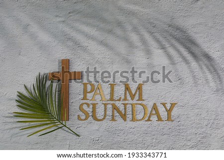 Palm sunday background. Cross and palm on grey background. Royalty-Free Stock Photo #1933343771