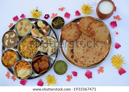 Indian Fasting Gujarati Upwas Fast diet items offered in Thali complete meal with Jain cuisine Royalty-Free Stock Photo #1933367471