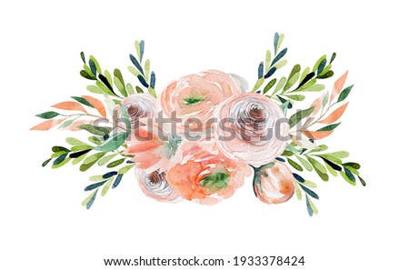 Watercolor spring floral bouquet of tender roses and wildflowers, green leaves and branches