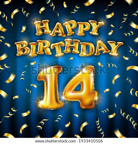 14 Happy Birthday message made of golden inflatable balloon fourteen letters isolated on blue background fly on gold ribbons with confetti. Happy birthday party balloons concept vector illustration 