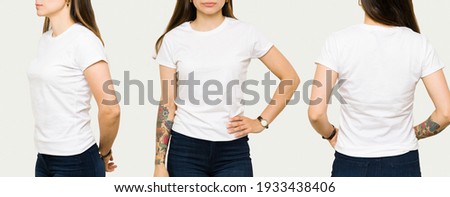 Young woman wearing a white casual t-shirt. Side view, behind and front view of a mock up t-shirt for design print  Royalty-Free Stock Photo #1933438406