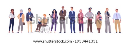 Multinational business team. Vector illustration of diverse cartoon men and women of various ethnicities, ages and body type in office outfits. Isolated on white. Royalty-Free Stock Photo #1933441331