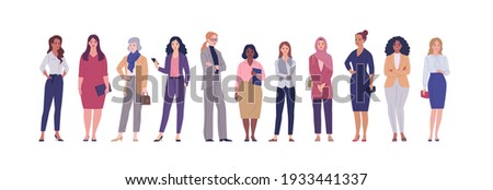 Business women collection. Vector illustration of diverse multinational standing cartoon women in office outfits. Isolated on white. Royalty-Free Stock Photo #1933441337