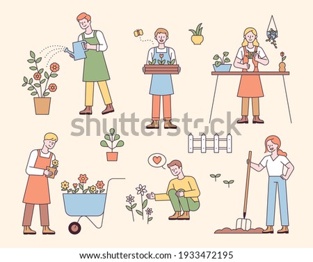 People who do gardening. People are planting or watering flowers. flat design style minimal vector illustration.