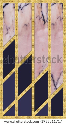 Modern mosaic, inlay. Illustration in stained glass style. Art deco background. Geometric pattern. Marble texture and golden artificial stone structure. Abstract print, creative tile surface.