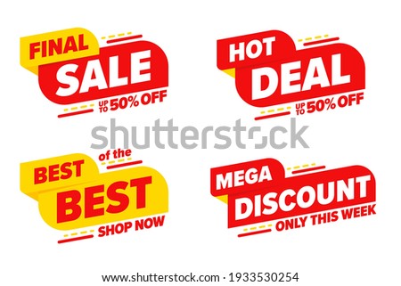 Final sale hot deal mega discount limited time template set. Only this week up to 50 percent off price reduction, best of the best special offer badge vector illustration isolated on white background Royalty-Free Stock Photo #1933530254