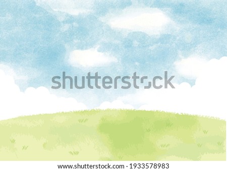 Green hills and blue sky with watercolor background