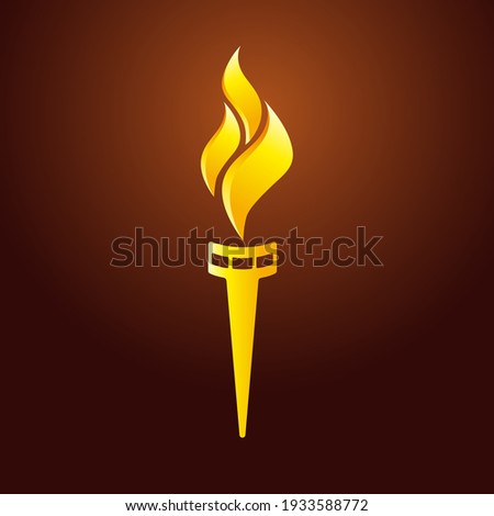 Flaming torch logo concept. Sport fire gold colored creative sign. Competitions, union, club or confederacy icon with flames. Isolated abstract graphic design template.