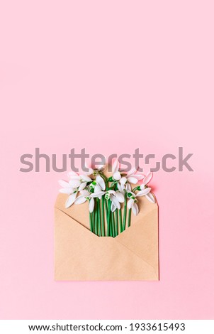 Opened craft paper envelope with spring blossom flowers on pink background. Flat lay, top view.